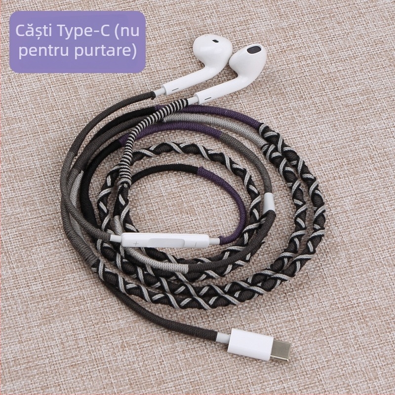 Căști cablate Type-C cu microfon, cablu împletit de 1,2 m, mufă 3,5 mm, impedanță 32 Ω, frecvență 20–20 kHz