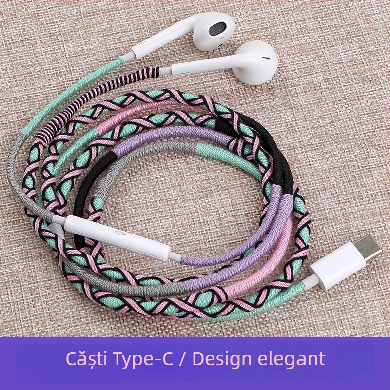 Căști cablate Type-C cu microfon, cablu împletit de 1,2 m, mufă 3,5 mm, impedanță 32 Ω, frecvență 20–20 kHz