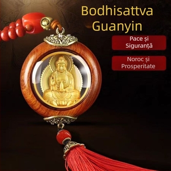 Pandant auto dublu – Avalokiteshvara și Buddha Maitreya, Mu xuan, lemn, stil modern, decor interior, ornamente auto