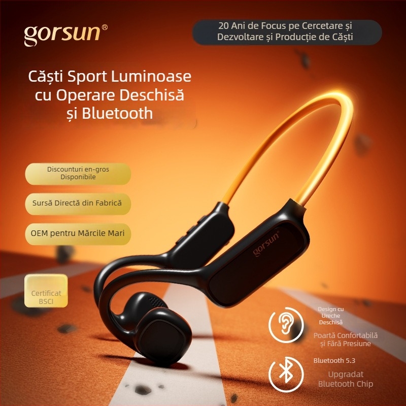 Gorsun căşti Bluetooth cu conductivitate prin aer, pentru urechi deschise, wireless adevărat, BT 5.4, IPX6, rază 15 m, autonomie >8 h