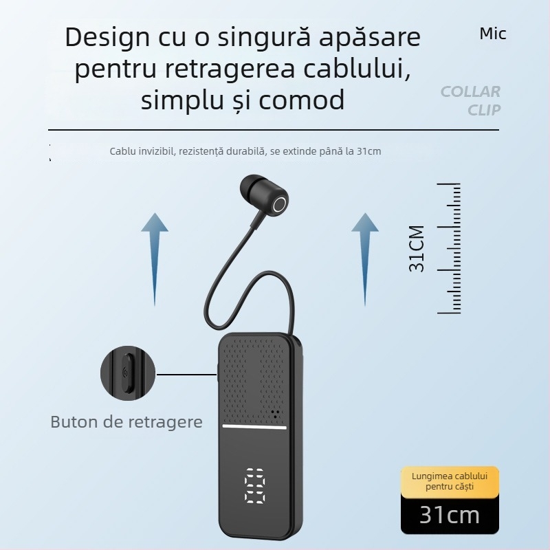 L5 Cască clip-on Bluetooth fără fir – Bluetooth 6.0, modul Lavalier, autonomie a bateriei peste 8 ore, ecran digital
