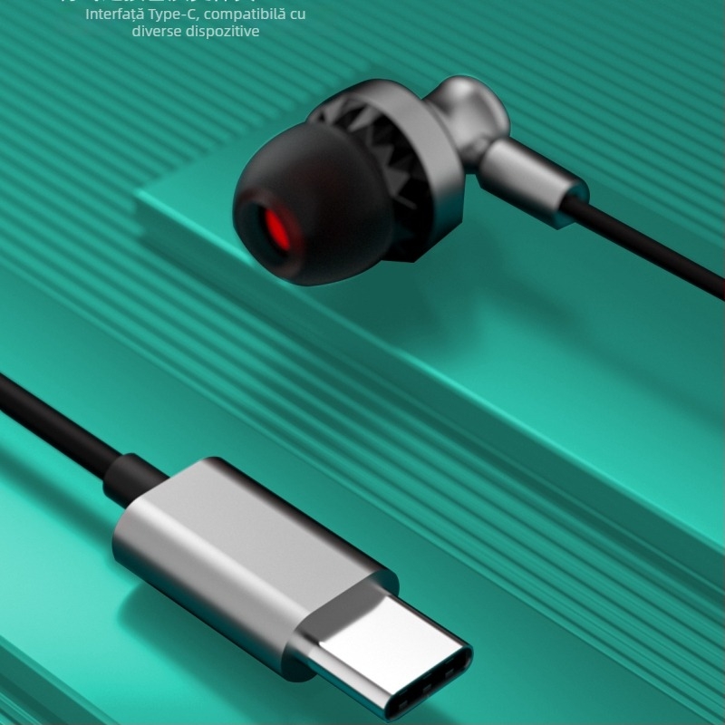 Căști cu fir Type-C, cu microfon, design in-ear, cu bobină dinamică, cablu de 120 cm, sensibilitate 113 dB