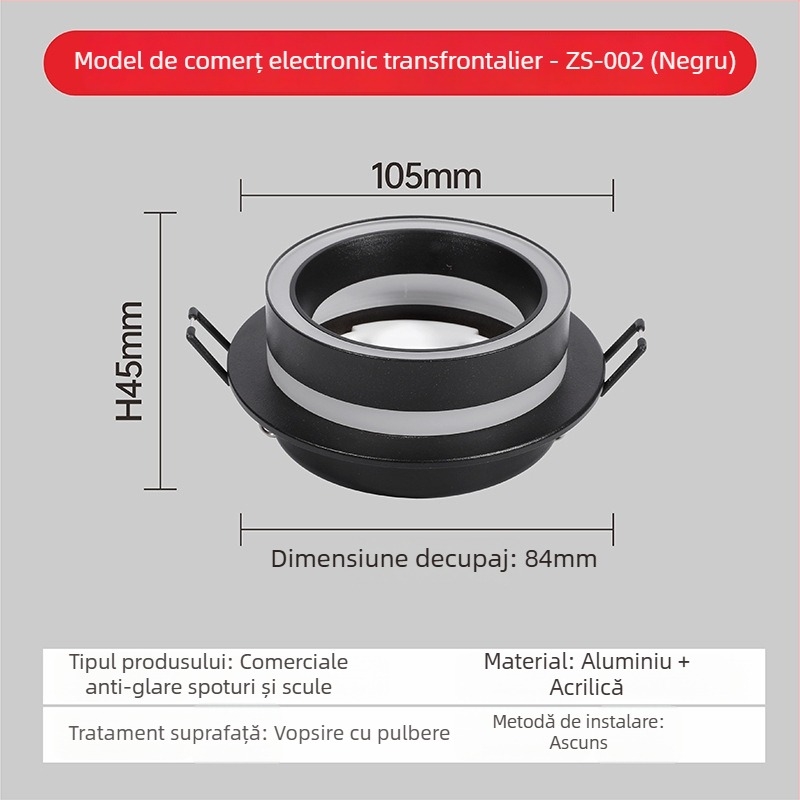 GX53 Spotlight încastrat, model 609, aluminiu și acrilic, finisaj cu pulbere, pentru uz casnic și comercial