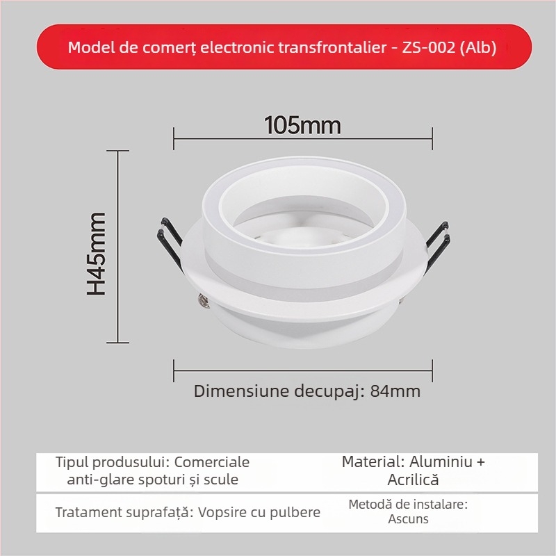 GX53 Spotlight încastrat, model 609, aluminiu și acrilic, finisaj cu pulbere, pentru uz casnic și comercial