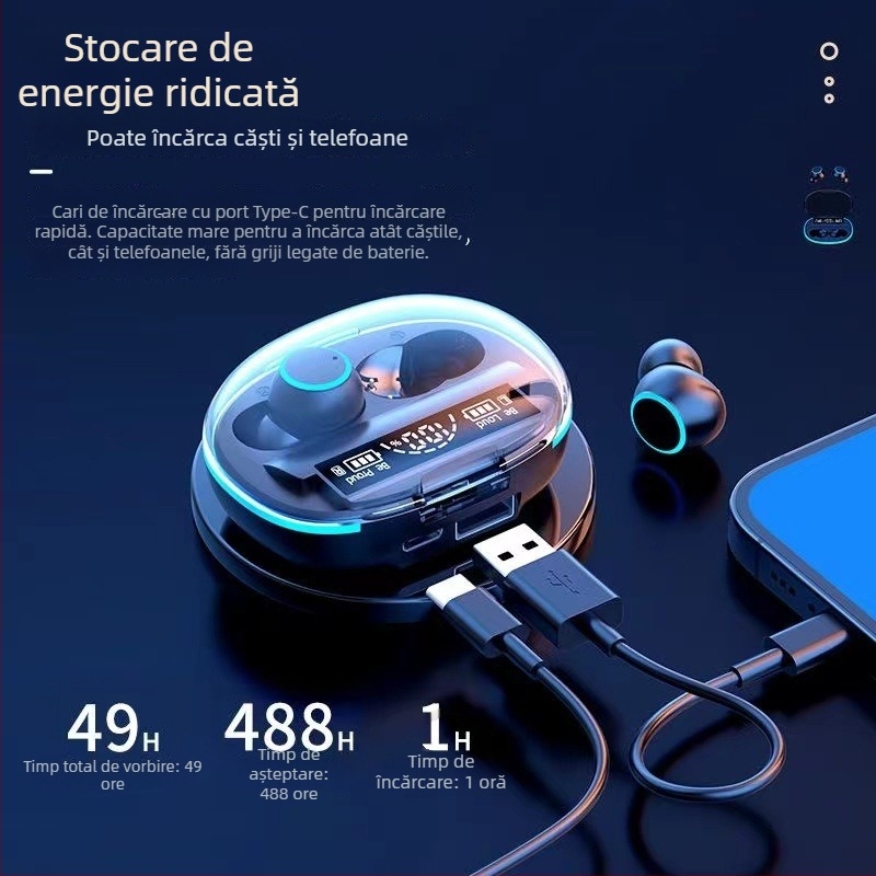 Căști Bluetooth in-ear pentru gaming, versiunea 5.3, rază de 15 m, IPX5 rezistente la apă, afișaj digital al bateriei, autonomie 4–8 ore