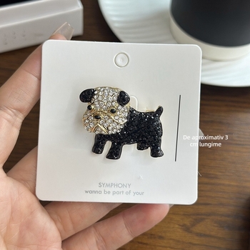 Broșă cu cățeluș desenat în stil cartoon – accente diamantate, materiale mixte, decorativ, cadou