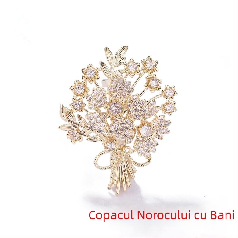 Broșă cu design Copacul norocului, flori și frunze, material aliaj zinc, placare electroplatină, stil pastoral