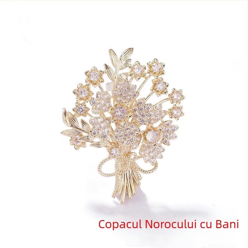 Broșă cu design Copacul norocului, flori și frunze, material aliaj zinc, placare electroplatină, stil pastoral