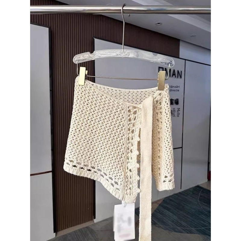 Pantaloni tricotati cu plasă decupată și șnur, poliester, stil coreean, vara 2021