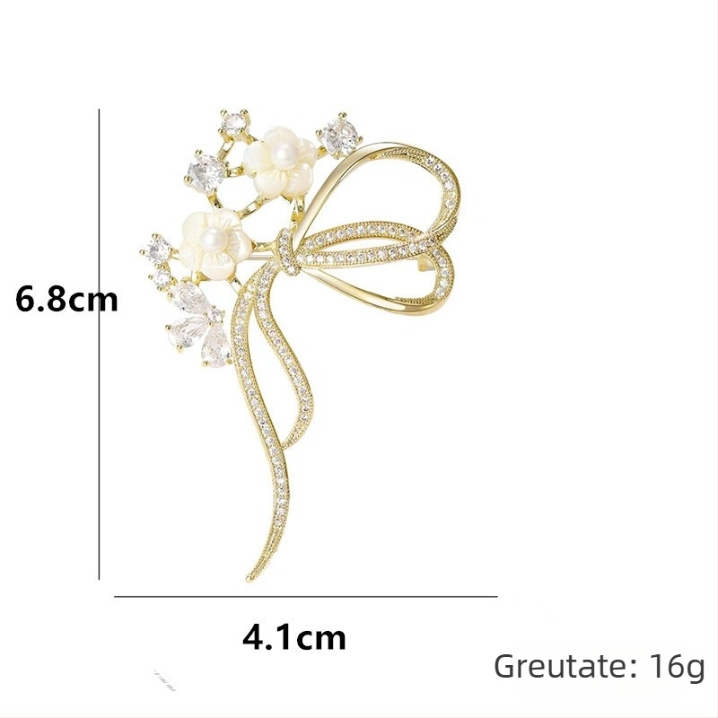 Broșă cu motif scoică-flori, placată electro, forme: coroană, floare, panglică, frunză; unisex accesoriu de modă