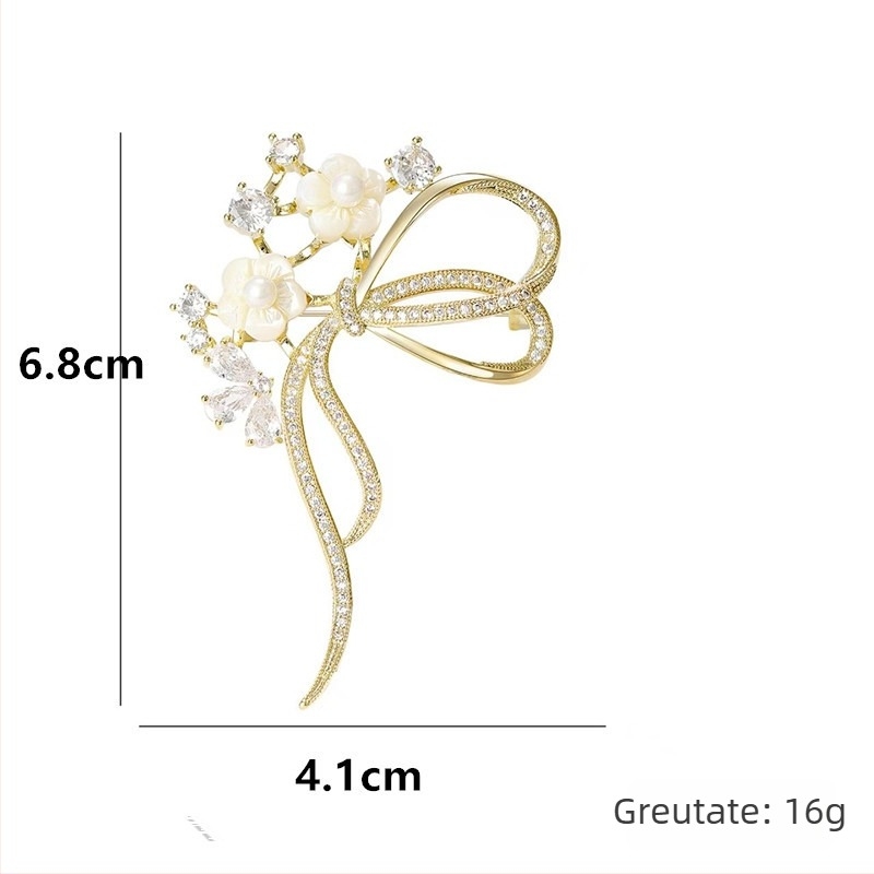 Broșă cu motif scoică-flori, placată electro, forme: coroană, floare, panglică, frunză; unisex accesoriu de modă
