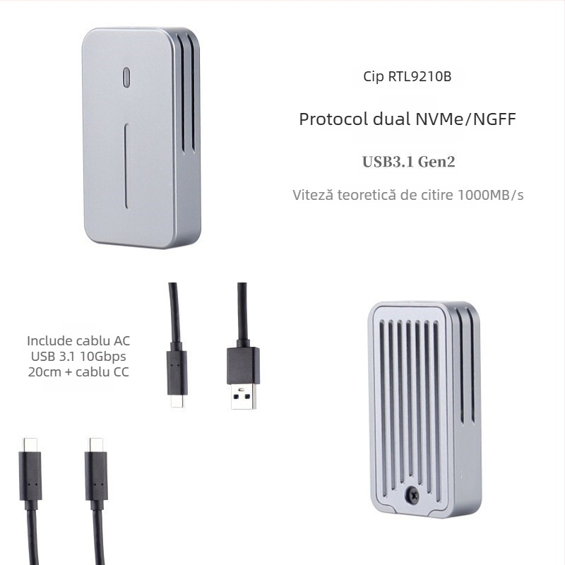 Carcasă SSD M.2 NVMe/NGFF 2230, protocoale duale, USB 10 Gbps, carcasă CNC din aliaj de aluminiu pentru disipare termică