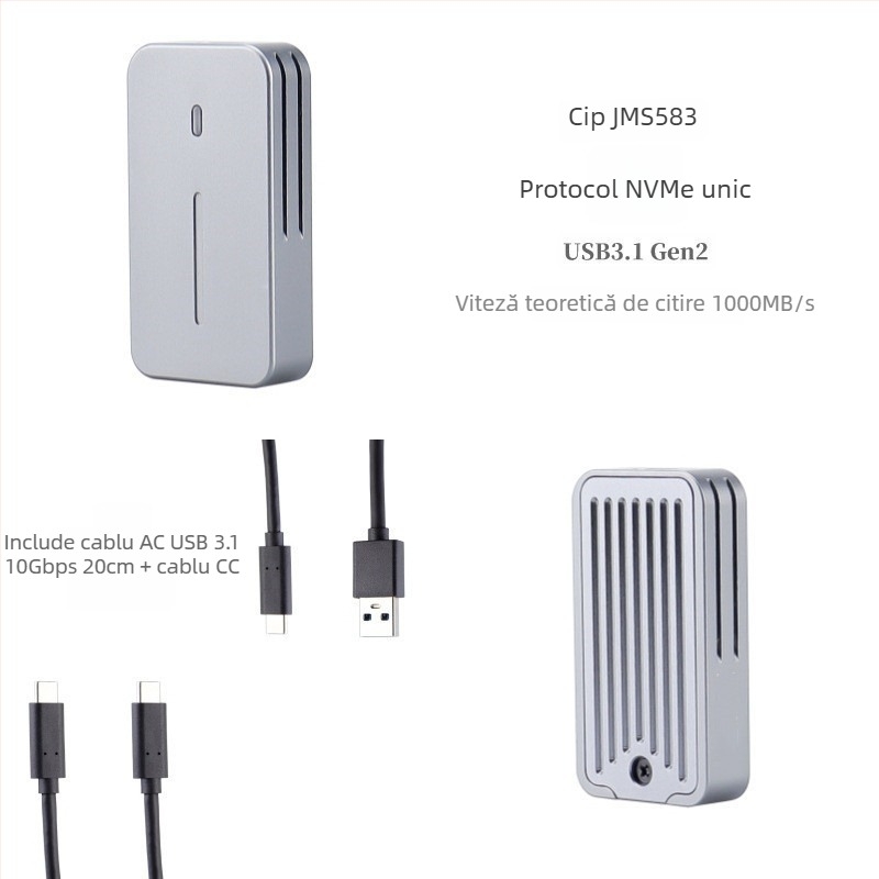 Carcasă SSD M.2 NVMe/NGFF 2230, protocoale duale, USB 10 Gbps, carcasă CNC din aliaj de aluminiu pentru disipare termică