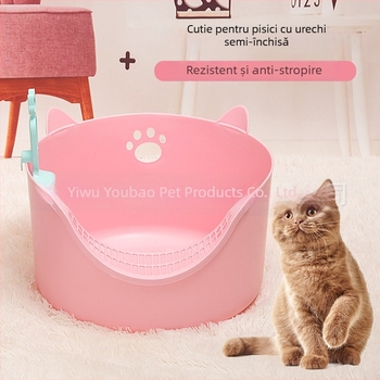 Cutie de nisip pentru pisici, cu design semiînchis, anti-strop, material PP, potrivită pentru pisici și pisoade