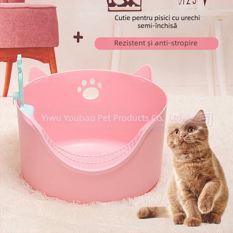 Cutie de nisip pentru pisici, cu design semiînchis, anti-strop, material PP, potrivită pentru pisici și pisoade