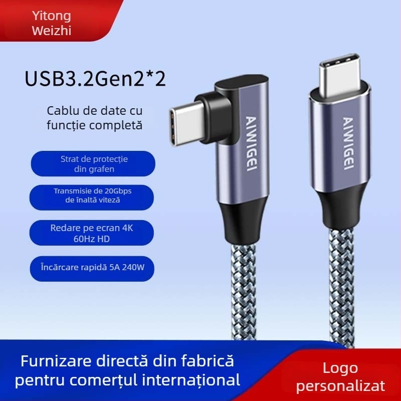 Cablu de date USB 3.2 Type-C cu husă pentru hard disk portabil, 20 Gbps, încărcare PD rapidă, proiecție 4K