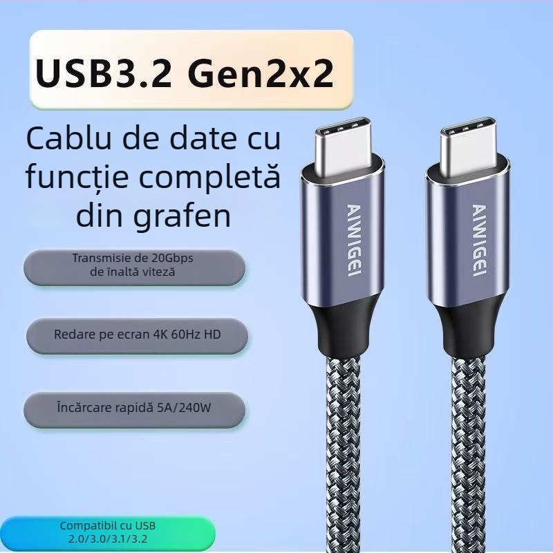 Cablu de date USB 3.2 Type-C cu husă pentru hard disk portabil, 20 Gbps, încărcare PD rapidă, proiecție 4K
