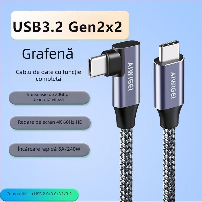 Cablu de date USB 3.2 Type-C cu husă pentru hard disk portabil, 20 Gbps, încărcare PD rapidă, proiecție 4K