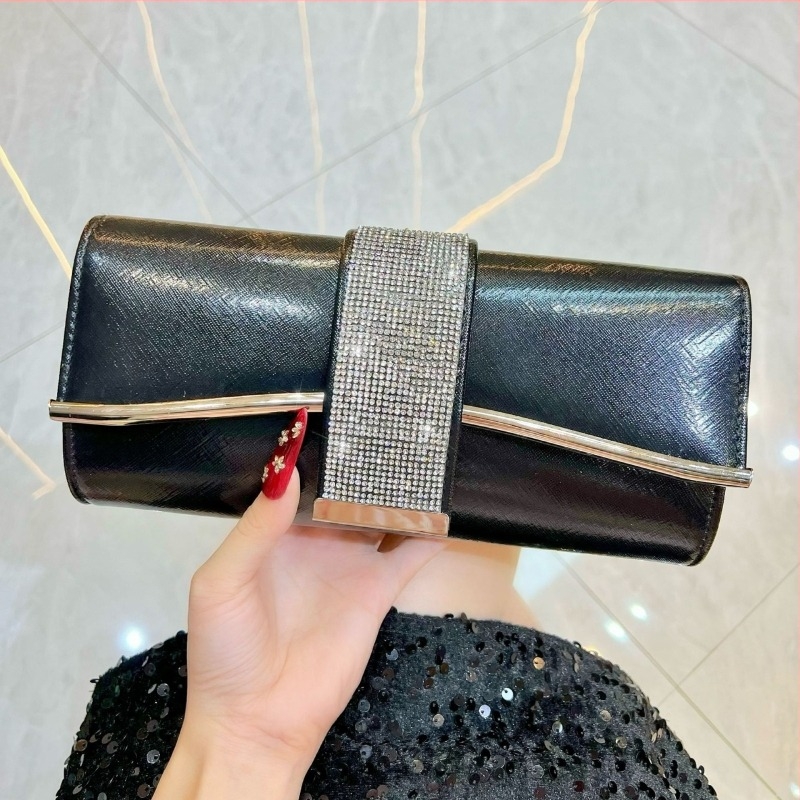 Geantă de seară cu brățară | Clutch din cristale în stil baguette, PU, formă orizontală pătrată, închidere magnetică, buzunar pentru telefon și ID