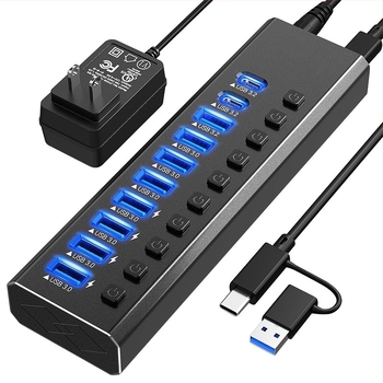 Docking station USB 3.0 cu 10 porturi, alimentare externă, transfer de 5 Gbps, cablu de 1 m