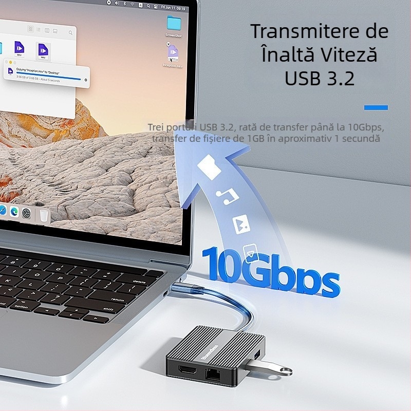 Lanshuo Hd706/Hp706 Stație docking cu HDMI dual, afișaj 4K60Hz pe trei ecrane, Gigabit Ethernet, USB 3.2, cablu de 0.15 m, fără alimentare externă