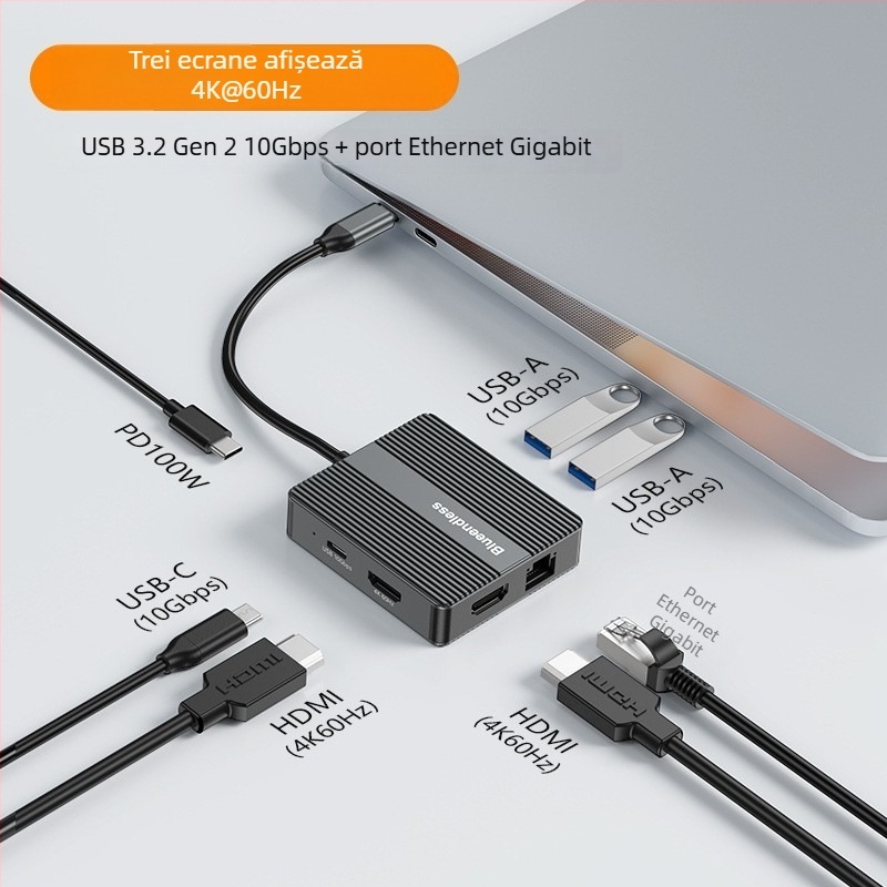 Lanshuo Hd706/Hp706 Stație docking cu HDMI dual, afișaj 4K60Hz pe trei ecrane, Gigabit Ethernet, USB 3.2, cablu de 0.15 m, fără alimentare externă