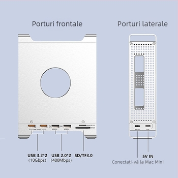 Suport-dock Mac mini M4 cu carcasă M.2 NVMe, interfață USB-C, 10 Gbps, fără alimentare externă