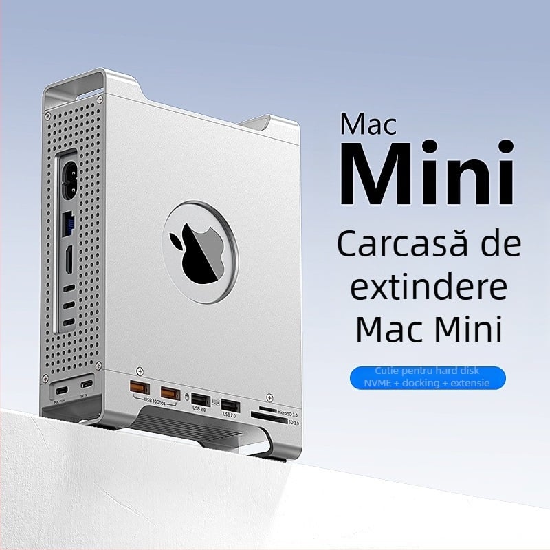 Suport-dock Mac mini M4 cu carcasă M.2 NVMe, interfață USB-C, 10 Gbps, fără alimentare externă
