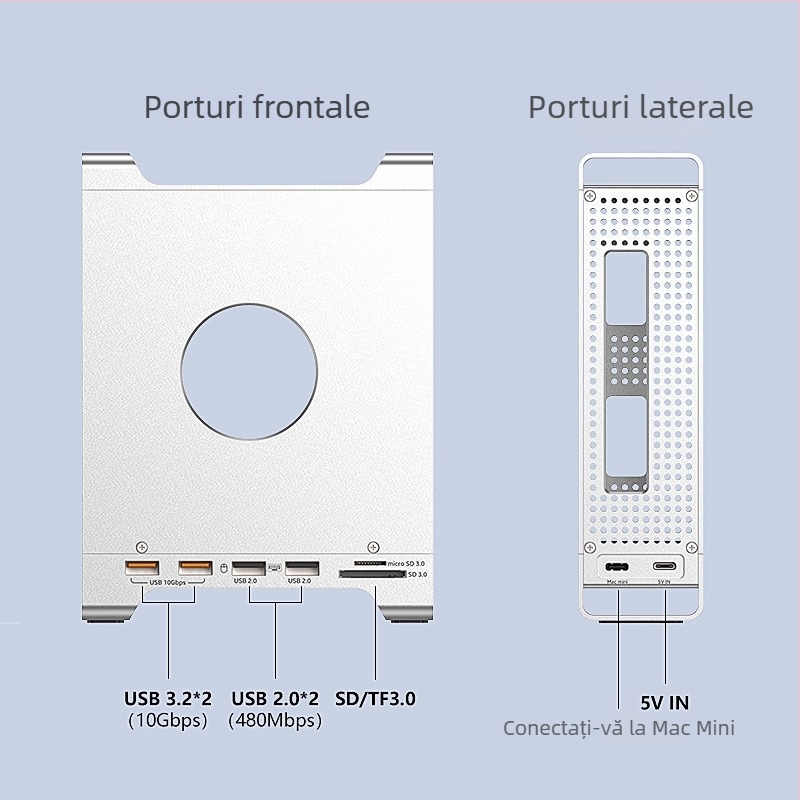 Suport-dock Mac mini M4 cu carcasă M.2 NVMe, interfață USB-C, 10 Gbps, fără alimentare externă