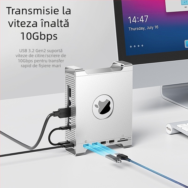 Suport-dock Mac mini M4 cu carcasă M.2 NVMe, interfață USB-C, 10 Gbps, fără alimentare externă