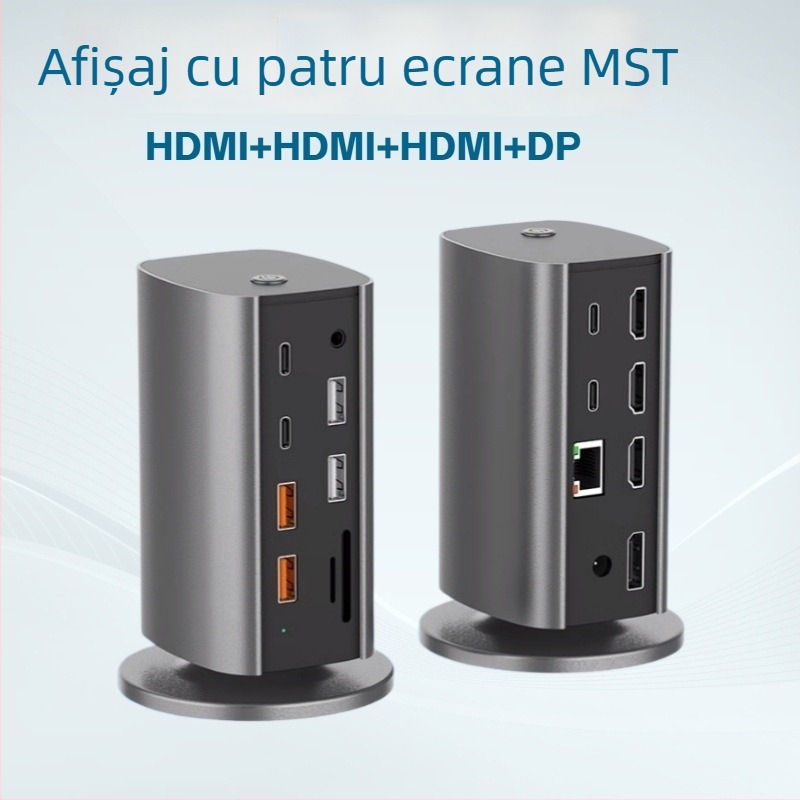 Stație de docking verticală 12-în-1, USB-C, USB 3.2 10Gbps, 4K/8K, alimentare externă, cablu 0,15 m