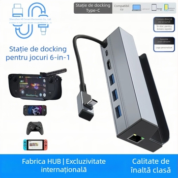Stație docking USB-C 6 în 1 pentru Steam Deck cu ieșire HDMI HDTV, port Ethernet și alimentare externă