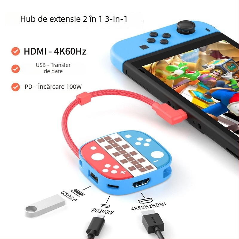 Nothing Switch2 hub rotund – stație docking video USB-C, ieșire video 4K, 3 porturi, cablu de 21 cm, alimentare externă