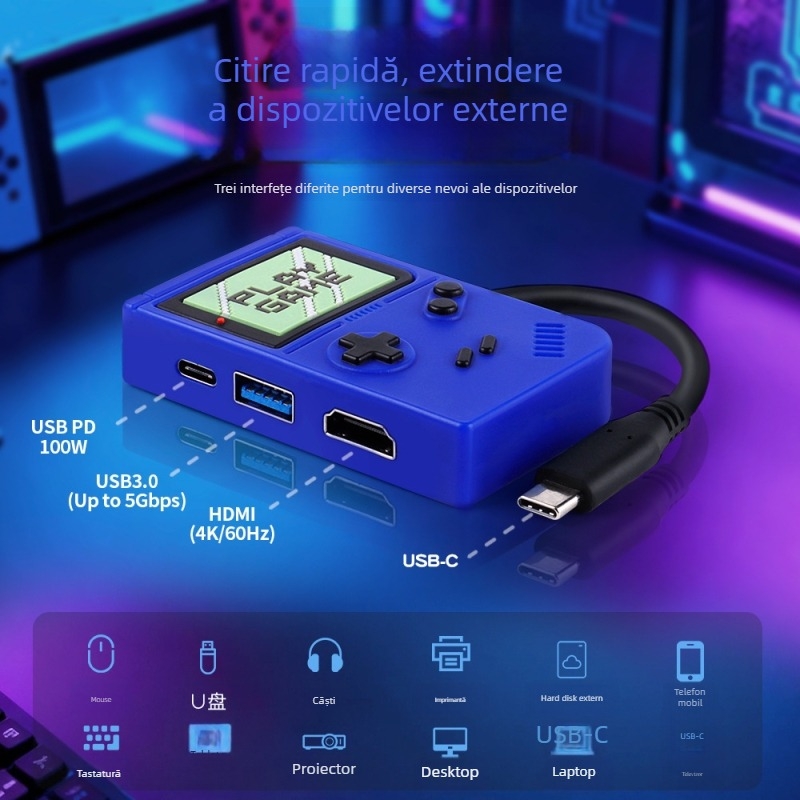 Stație docking HDMI cu hub USB 3.0 (Type-C) – 3 porturi, 5 Gbps, alimentată prin USB