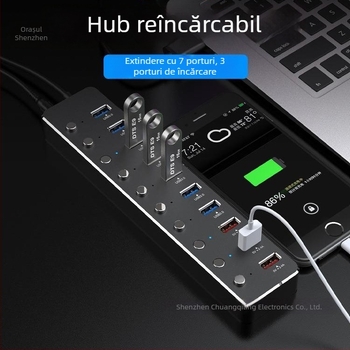 Hub USB 3.0 cu 10 porturi, comutator independent, șasiu din aliaj de aluminiu, alimentare prin USB, cablu de 60 cm