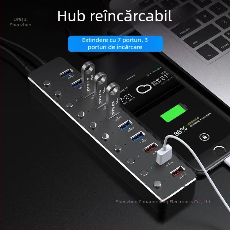 Hub USB 3.0 cu 10 porturi, comutator independent, șasiu din aliaj de aluminiu, alimentare prin USB, cablu de 60 cm