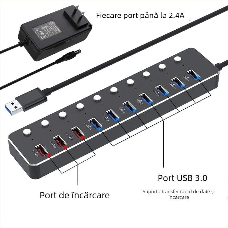 Hub USB 3.0 cu 10 porturi, comutator independent, șasiu din aliaj de aluminiu, alimentare prin USB, cablu de 60 cm