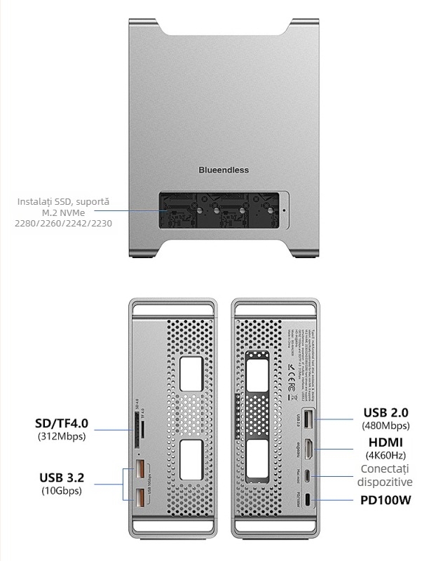 Suport Mac mini cu stație de expansiune și carcasă NVMe pentru SSD, USB 3.2 Type-C, MAC905, transfer de 10 Gbps