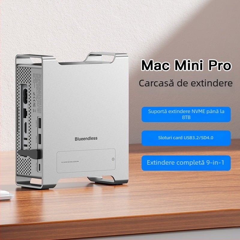 Suport Mac mini cu stație de expansiune și carcasă NVMe pentru SSD, USB 3.2 Type-C, MAC905, transfer de 10 Gbps