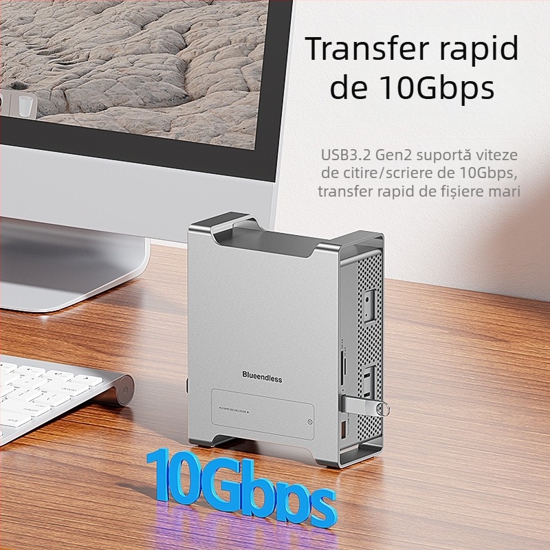 Suport Mac mini cu stație de expansiune și carcasă NVMe pentru SSD, USB 3.2 Type-C, MAC905, transfer de 10 Gbps
