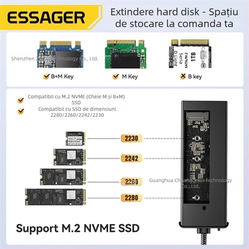 ESSAGER ES-HB01 Stație docking M.2 cu hub USB-C, carcasă încorporată pentru M.2 SSD, alimentare prin USB, 10Gbps