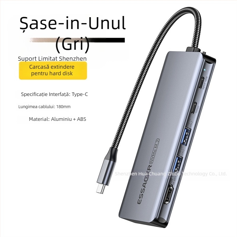 ESSAGER ES-HB01 Stație docking M.2 cu hub USB-C, carcasă încorporată pentru M.2 SSD, alimentare prin USB, 10Gbps