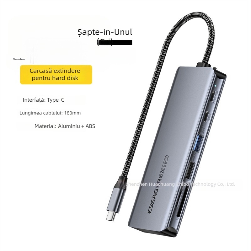 ESSAGER ES-HB01 Stație docking M.2 cu hub USB-C, carcasă încorporată pentru M.2 SSD, alimentare prin USB, 10Gbps