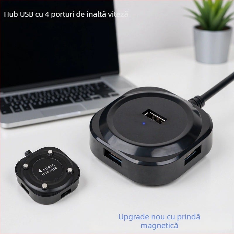 Docking station USB 2.0 pentru birou, 4 porturi, transfer de 5 Gbps, cablu de 20 cm, alimentat prin USB