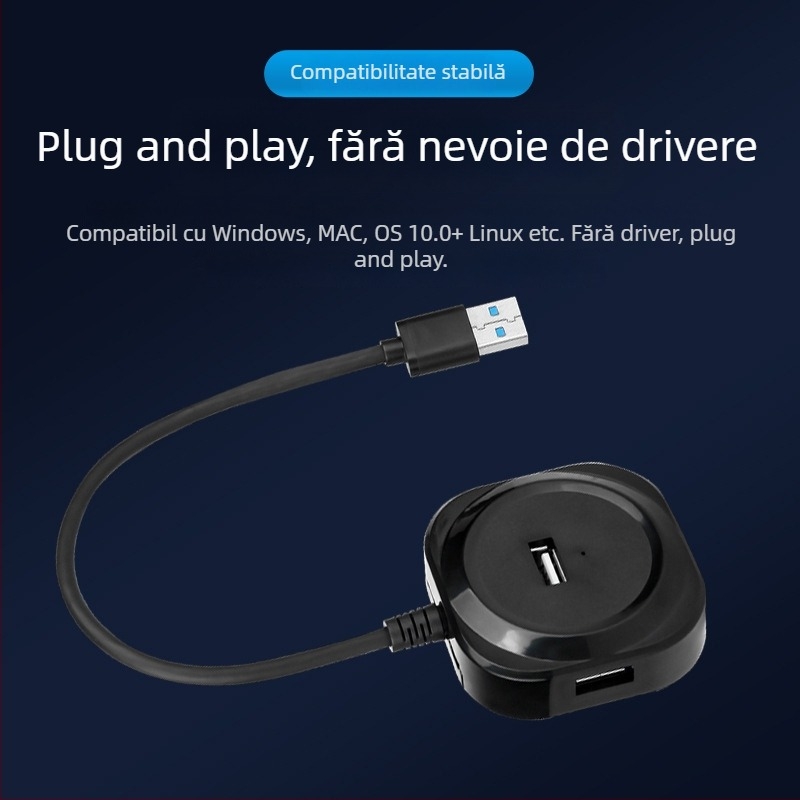 Docking station USB 2.0 pentru birou, 4 porturi, transfer de 5 Gbps, cablu de 20 cm, alimentat prin USB