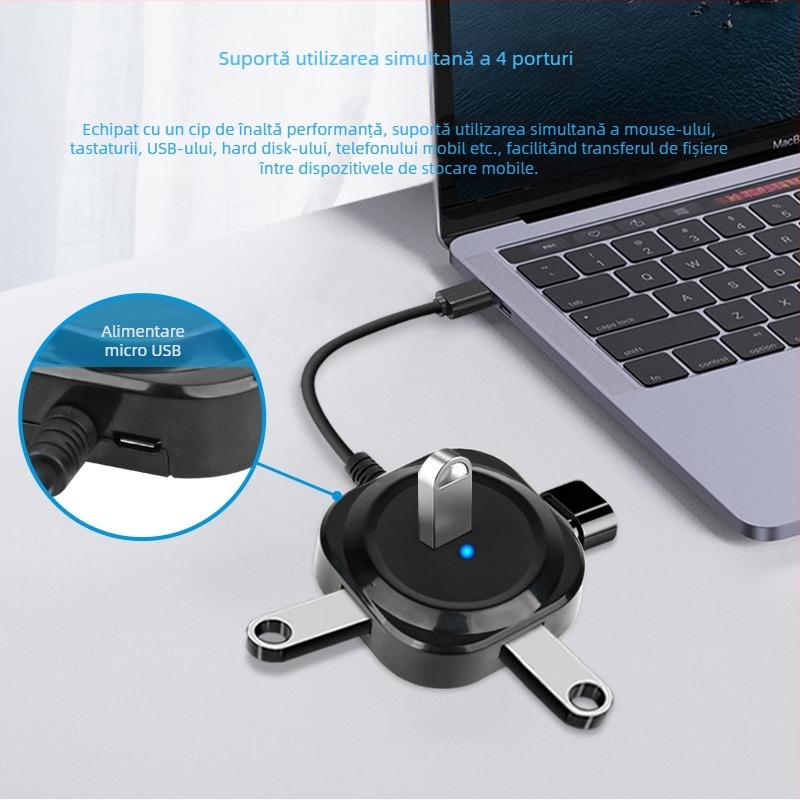 Docking station USB 2.0 pentru birou, 4 porturi, transfer de 5 Gbps, cablu de 20 cm, alimentat prin USB