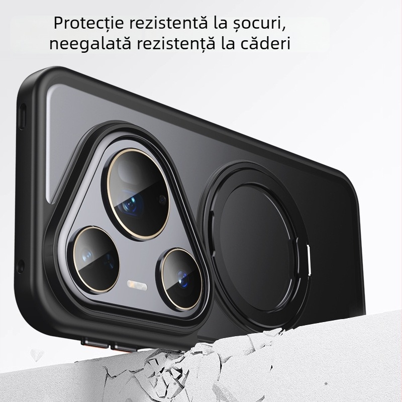 Carcasă Huawei cu suport magnetic rotativ la 360° și protecție împotriva căderii; materiale: TPU, acrilic, aliaj de aluminiu și magnet; suport pentru personalizare