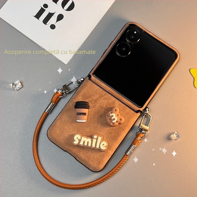 Carcasă pentru Honor Magic V Flip cu design pliabil, textură de blană, protecție completă, axă centrală a balamalei, curea inclusă