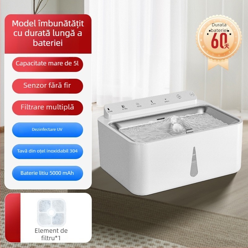 Dispenser inteligent pentru apă pentru animale de companie cu filtrare în circuit – silențios, senzor fără fir, încălzire la temperatură constantă, motor DC, 220V, protecție la supraincălzire, sub 1000W