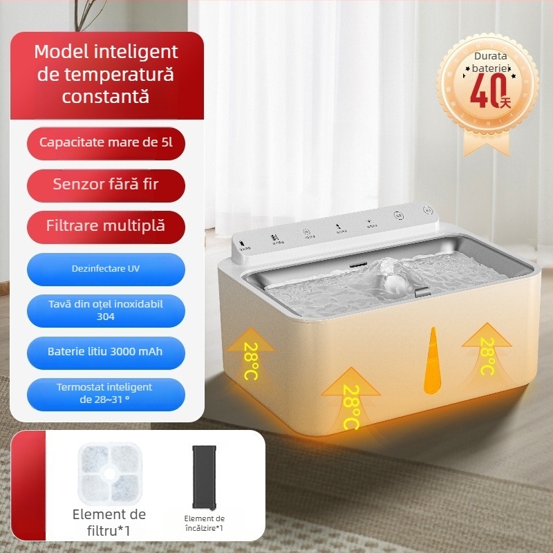 Dispenser inteligent pentru apă pentru animale de companie cu filtrare în circuit – silențios, senzor fără fir, încălzire la temperatură constantă, motor DC, 220V, protecție la supraincălzire, sub 1000W